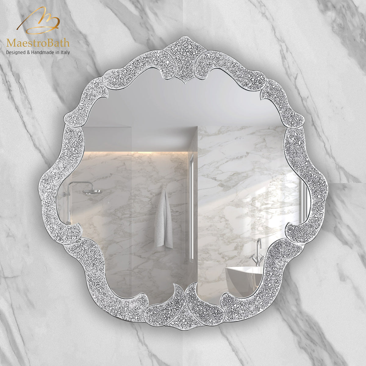 Wall mounted Murano glass bathroom vanity mirror, shown in silver, 38.1 inch wide by 37.4 inch high #color_silver