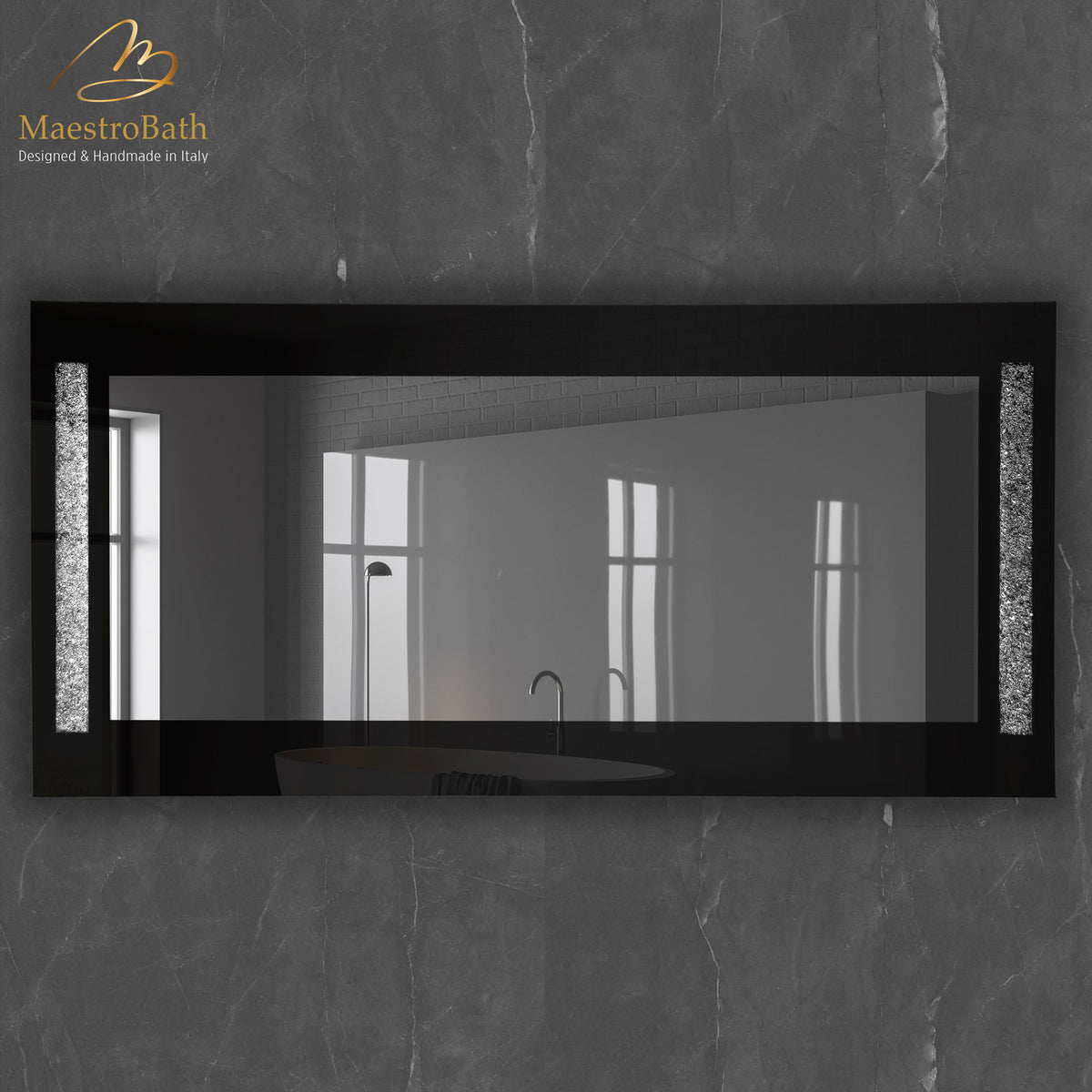 Wall mounted Murano glass bathroom vanity mirror, shown in vetro black and silver, 63 inch wide by 31.5 inch high