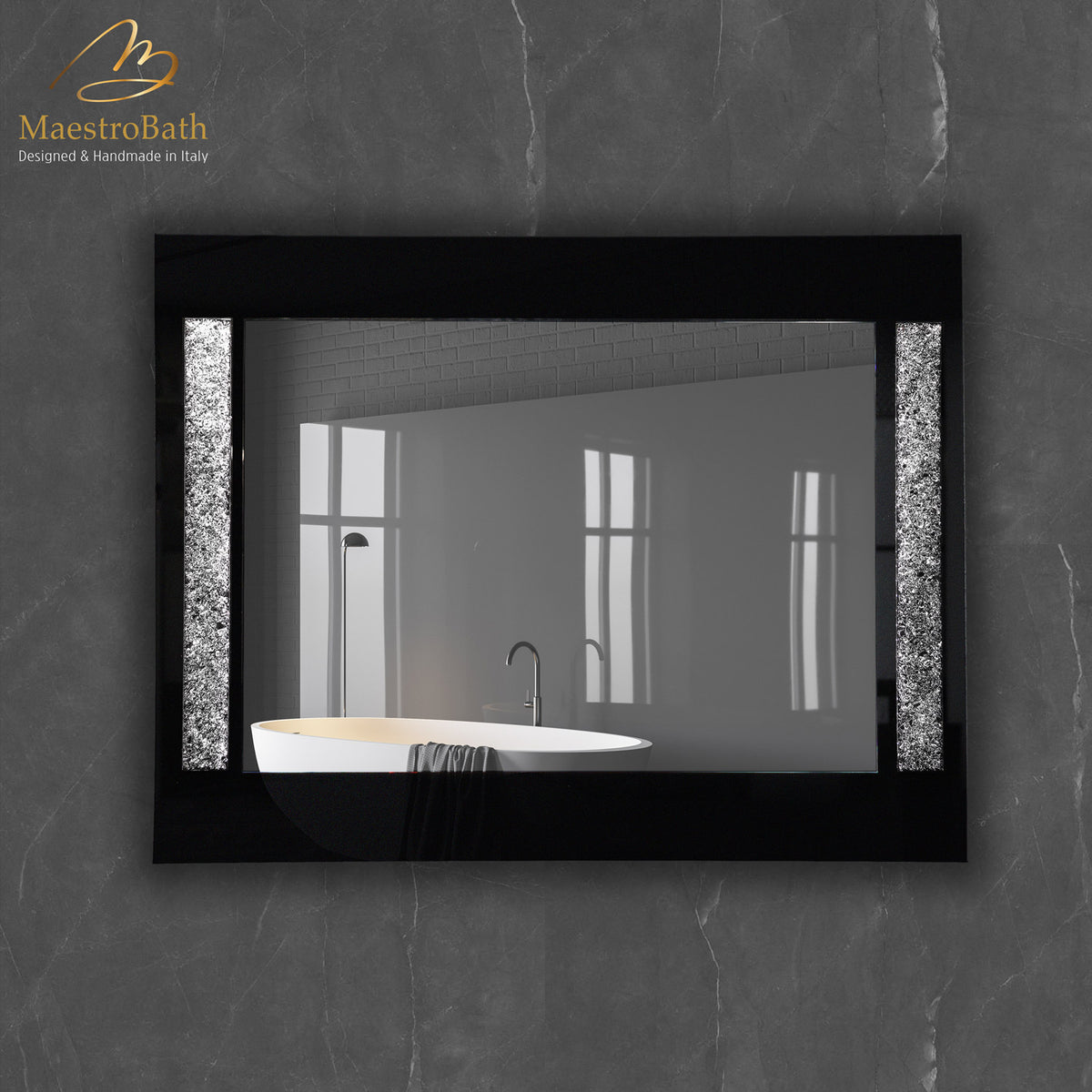 Wall mounted Murano glass bathroom vanity mirror, shown in vetro black and silver, 35.5 inch wide by 27.5 inch high