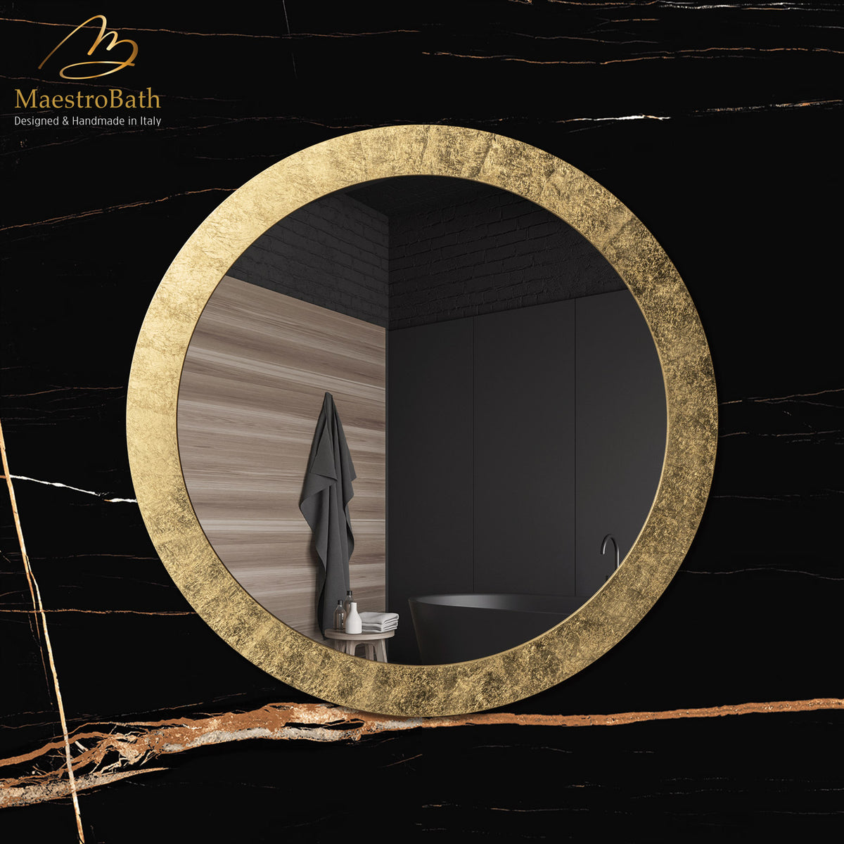 Wall mounted round resin and glass bathroom vanity mirror, 39.3 inch wide by 39.3 inch high #color_gold leaf