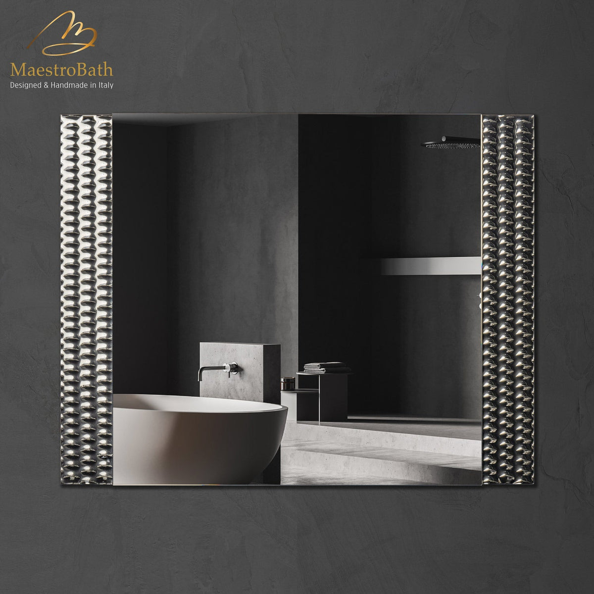 Wall mounted Murano glass bathroom vanity mirror, shown in silver bronze, 36 inch wide by 27.5 inch high