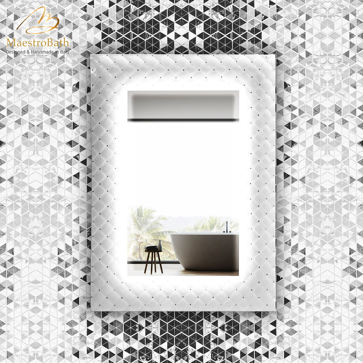 Wall mounted Murano glass bathroom vanity mirror, shown in white, 27 inch wide by 38 inch high