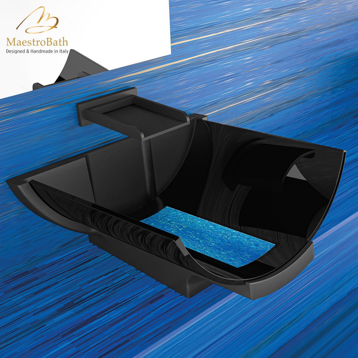 Murano Calla Black Blumarine Luxury Bathroom Sink, shown in black, 17.2 inch by 17 inch with a 7.6 inch basin depth