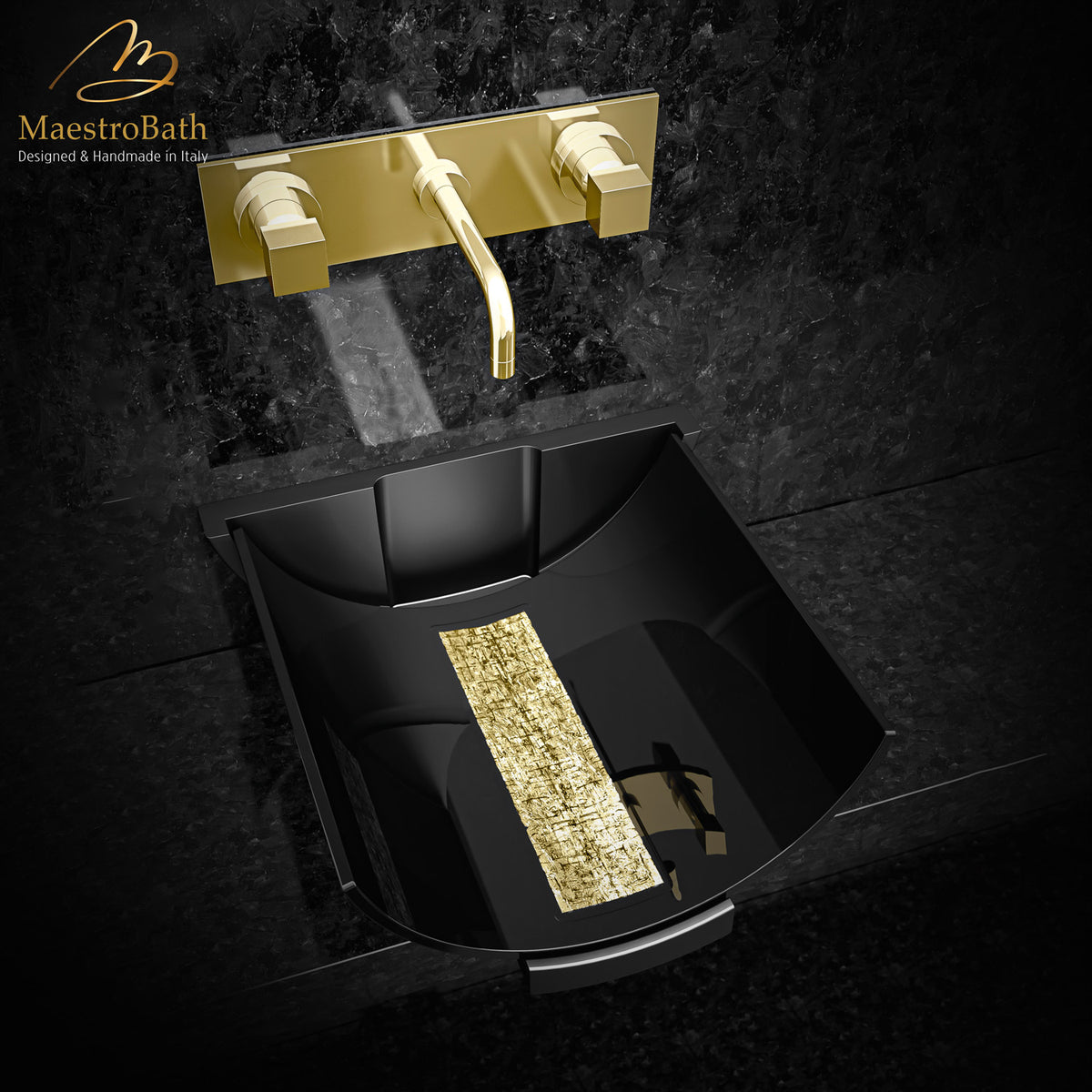 Murano Calla Black Gold Luxury Bathroom Sink, shown in black and gold, 17.2 inch by 17 inch with a 7.6 inch basin depth