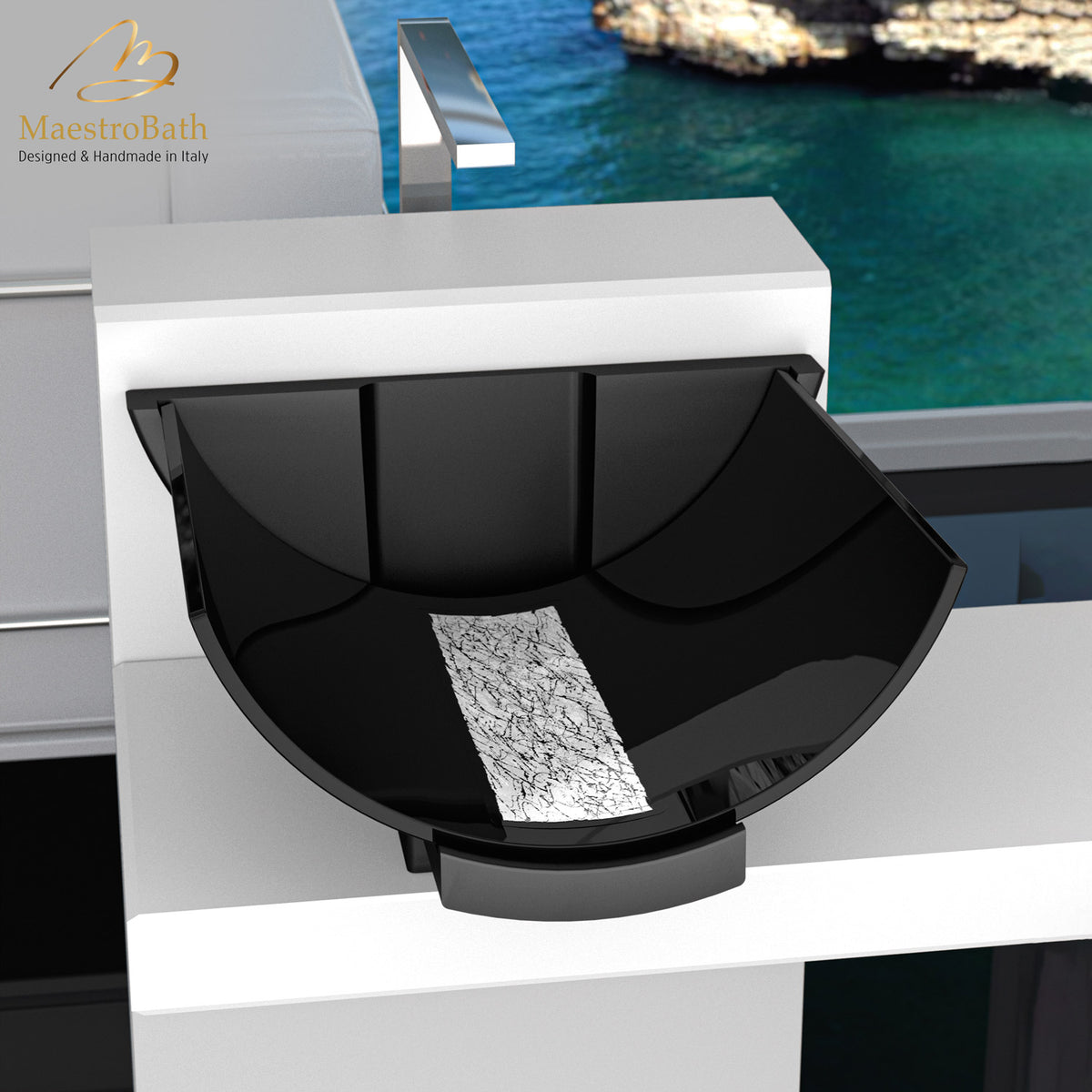 Murano Calla Black Silver Luxury Bathroom Sink, shown in black and silver, 17.2 inch by 17 inch with a 7.6 inch basin depth