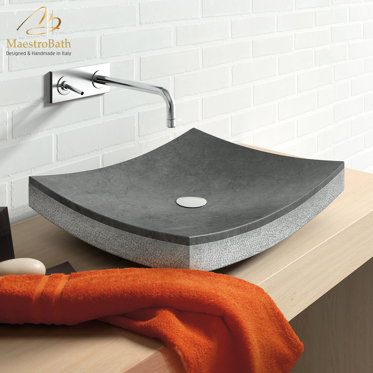 Stone Arrecife Black Contemporary Natural Stone Sink, shown in black, 20 inch by 16 inch with a 5 inch basin depth