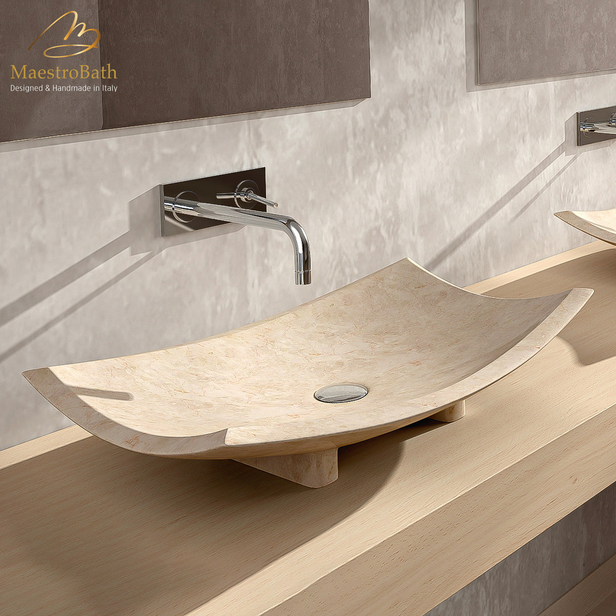 Stone Bora Bora Beige Contemporary Natural Stone Sink, shown in beige, 24 inch by 16 inch with a 6 inch basin depth