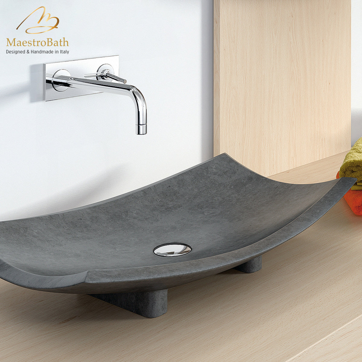 Stone Bora Bora Contemporary Natural Stone Sink, shown in black, 24 inch by 16 inch with a 6 inch basin depth
