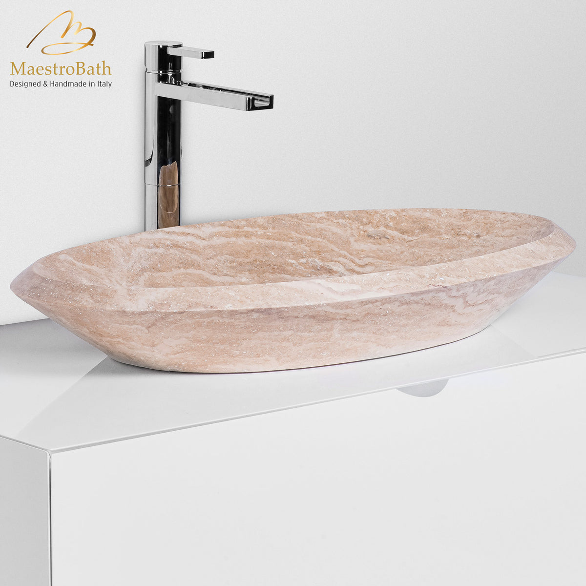 Sundari Infinity Natural Stone luxury vessel sink, shown in beige, 24.5 inch by 16 inch with a 4 inch basin depth #color_sandstone beige