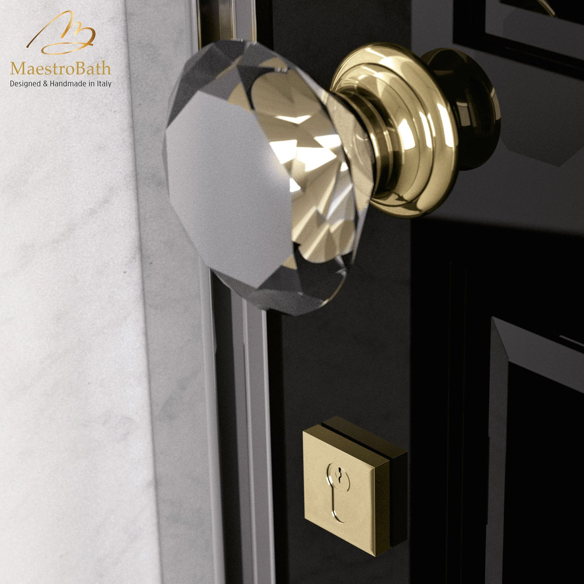 Brass and crystal door knob, shown in clear-matte and polished brass, 3.1 inch by 3.1 inch by 2.9 inch