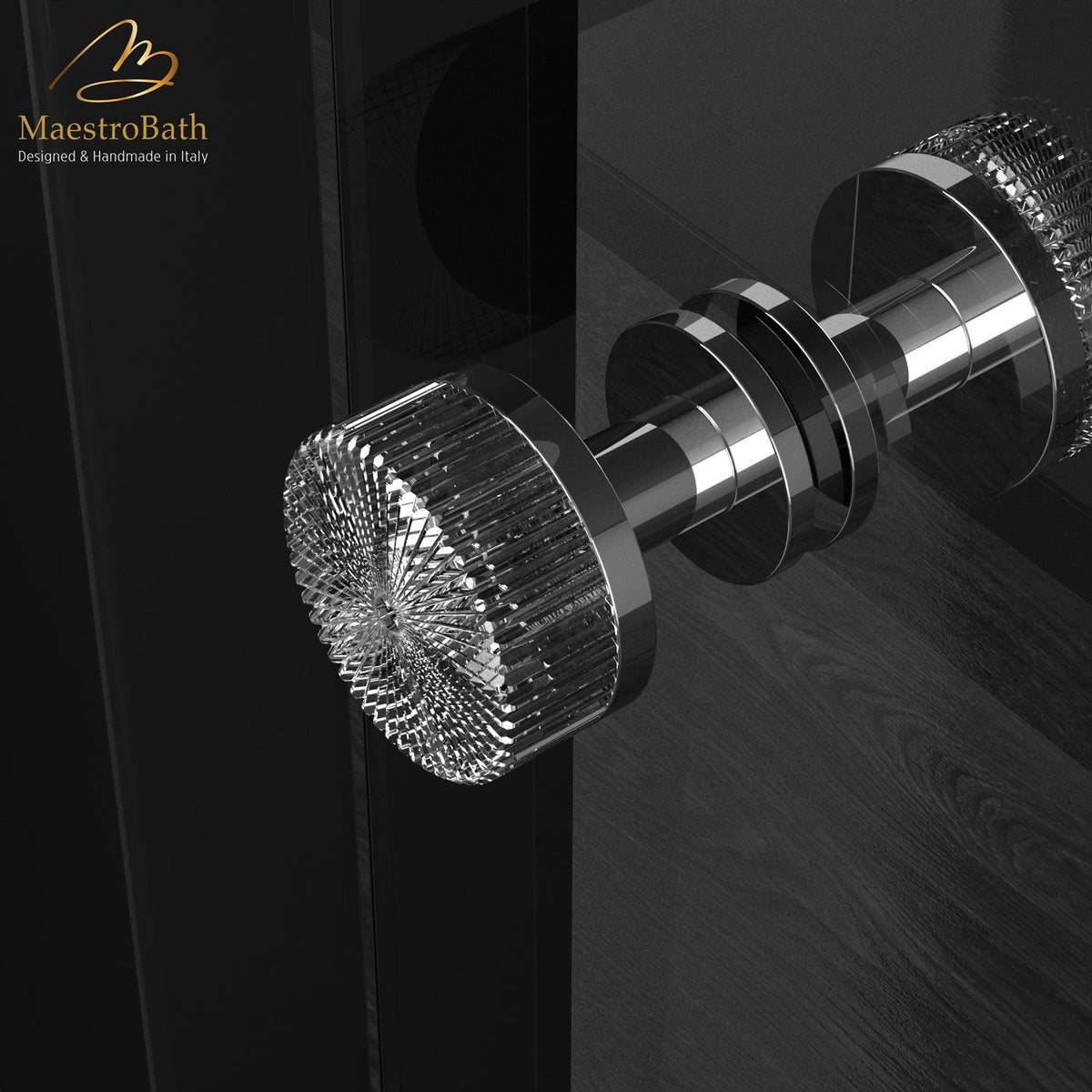 Brass and crystal door knob, shown in clear and chrome, 2.5 inch by 2.5 inch by 2.8 inch