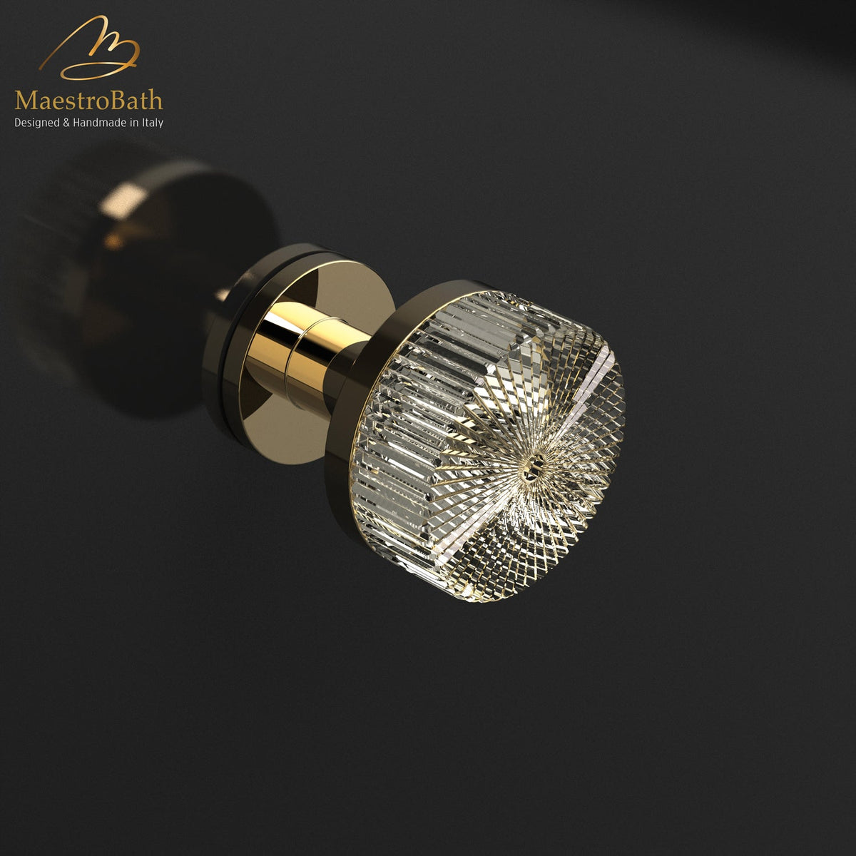 Brass and crystal door knob, shown in clear and polished brass, 2.5 inch by 2.5 inch by 2.8 inch