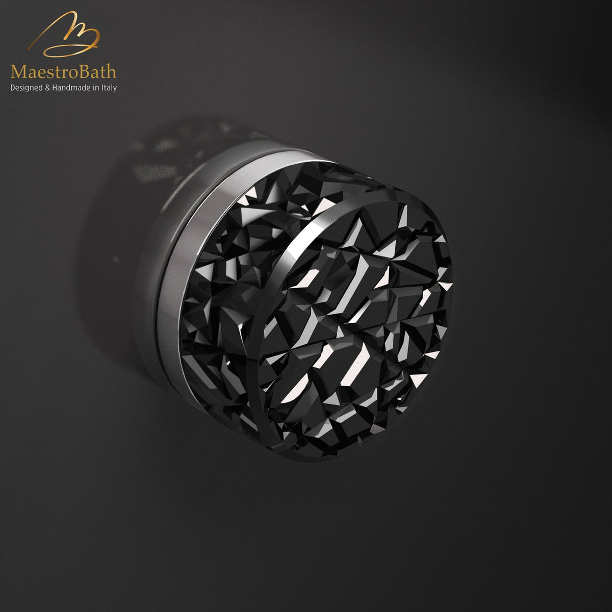 Miraggio Crystal Door Knob, shown in black and chrome, 2.5 inch by 2.5 inch by 1.2 inch