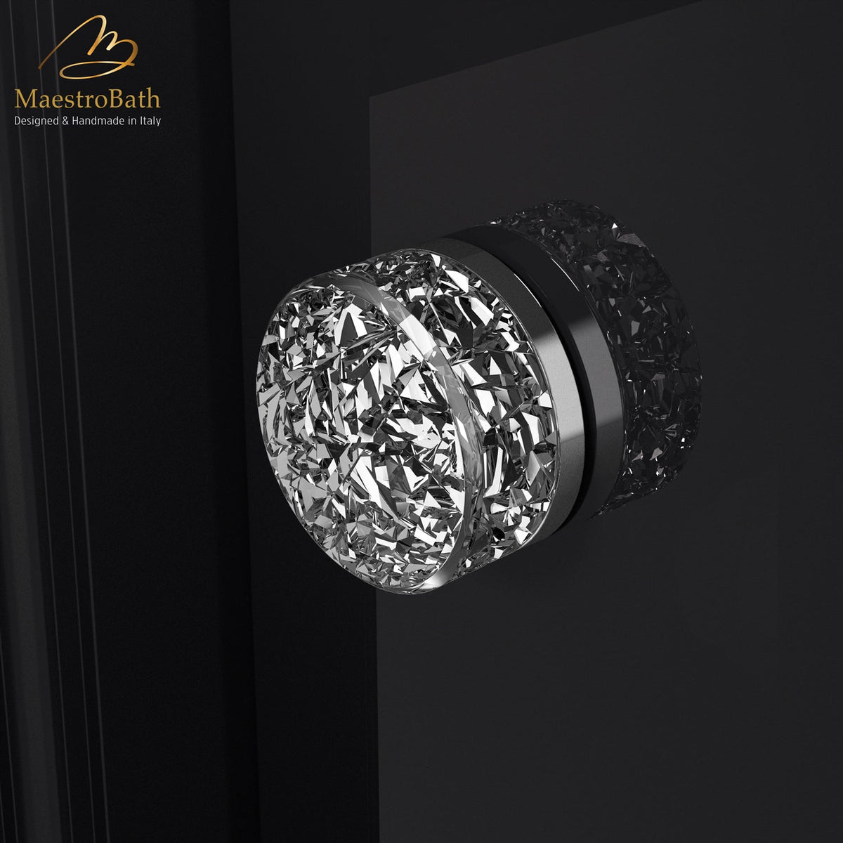 Miraggio Crystal Door Knob, shown in clear and chrome, 2.5 inch by 2.5 inch by 1.2 inch