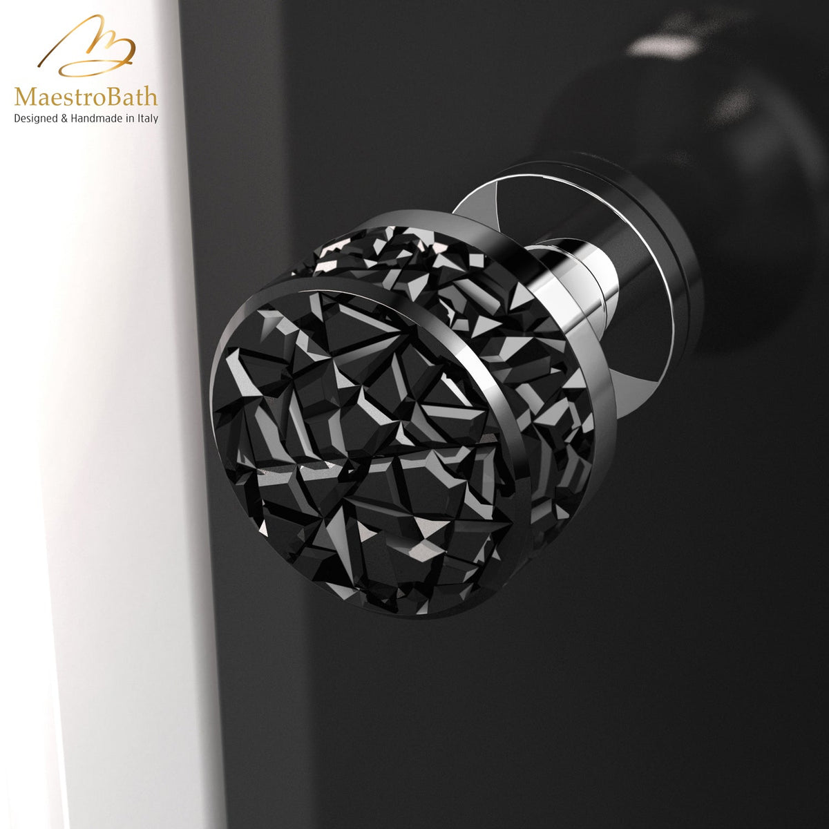 Miraggio XL Crystal Door Knob, shown in black and chrome, 2.5 inch by 2.5 inch by 2.8 inch