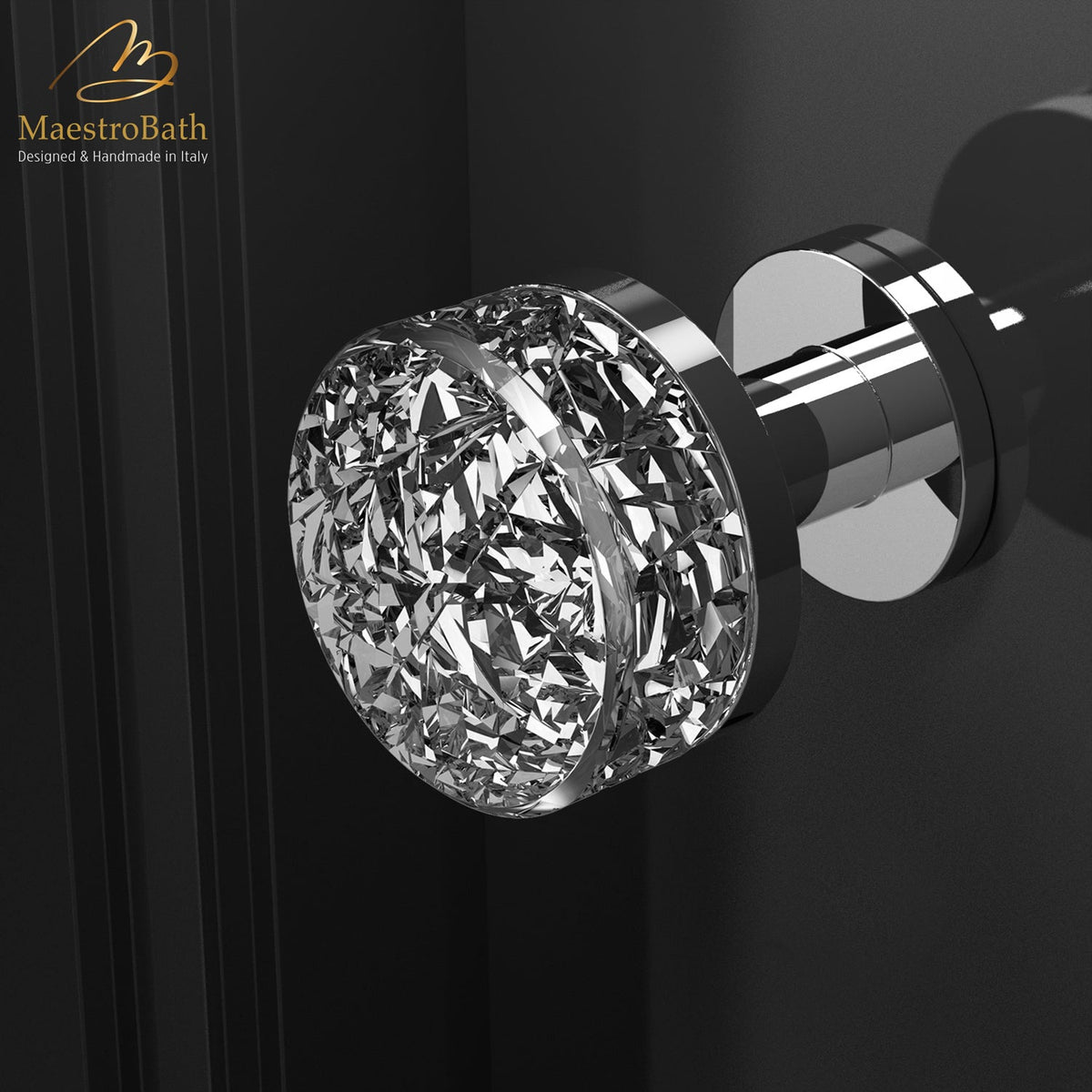 Miraggio XL Crystal Door Knob, shown in clear and chrome, 2.5 inch by 2.5 inch by 2.8 inch