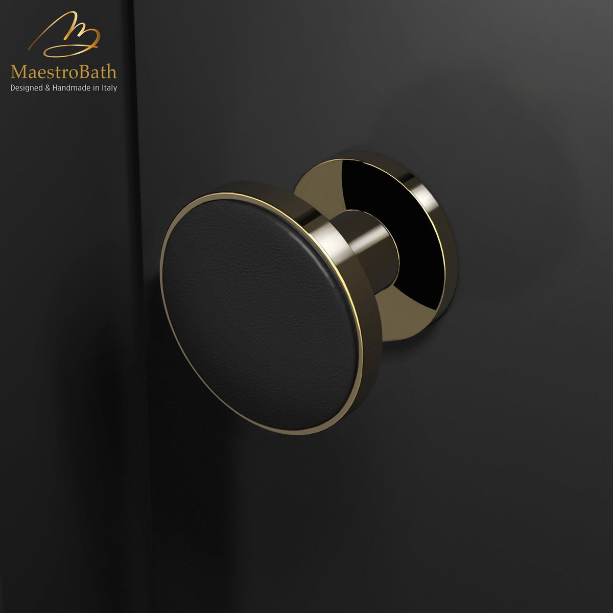 Brass and leather door knob, shown in black and polished brass, 2.6 inch by 2.6 inch by 2.1 inch