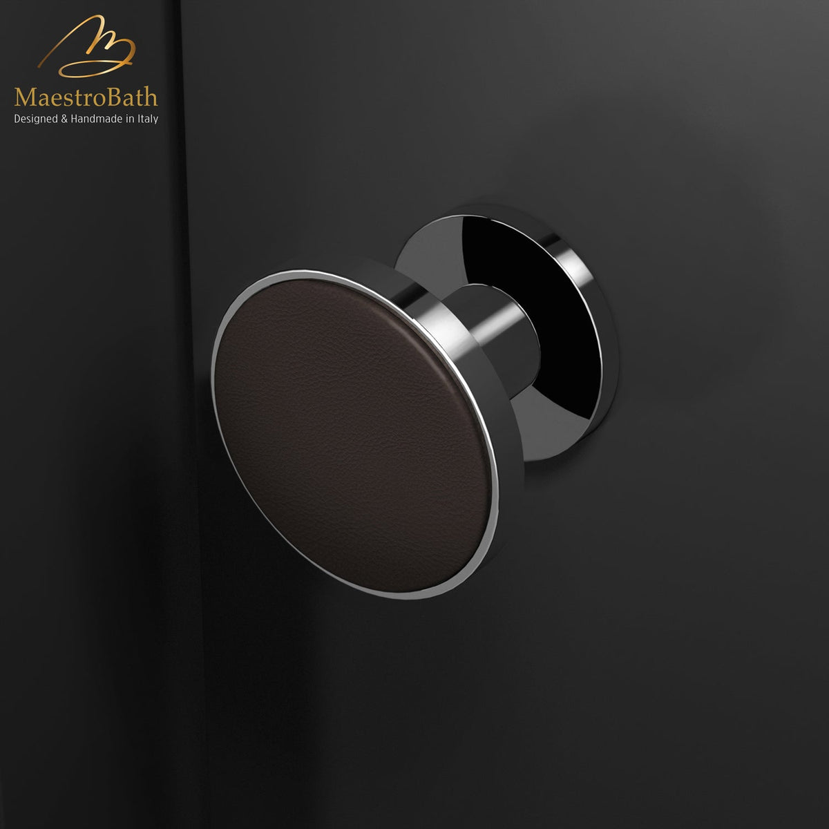 Brass and leather door knob, shown in dark brown and chrome, 2.6 inch by 2.6 inch by 2.1 inch
