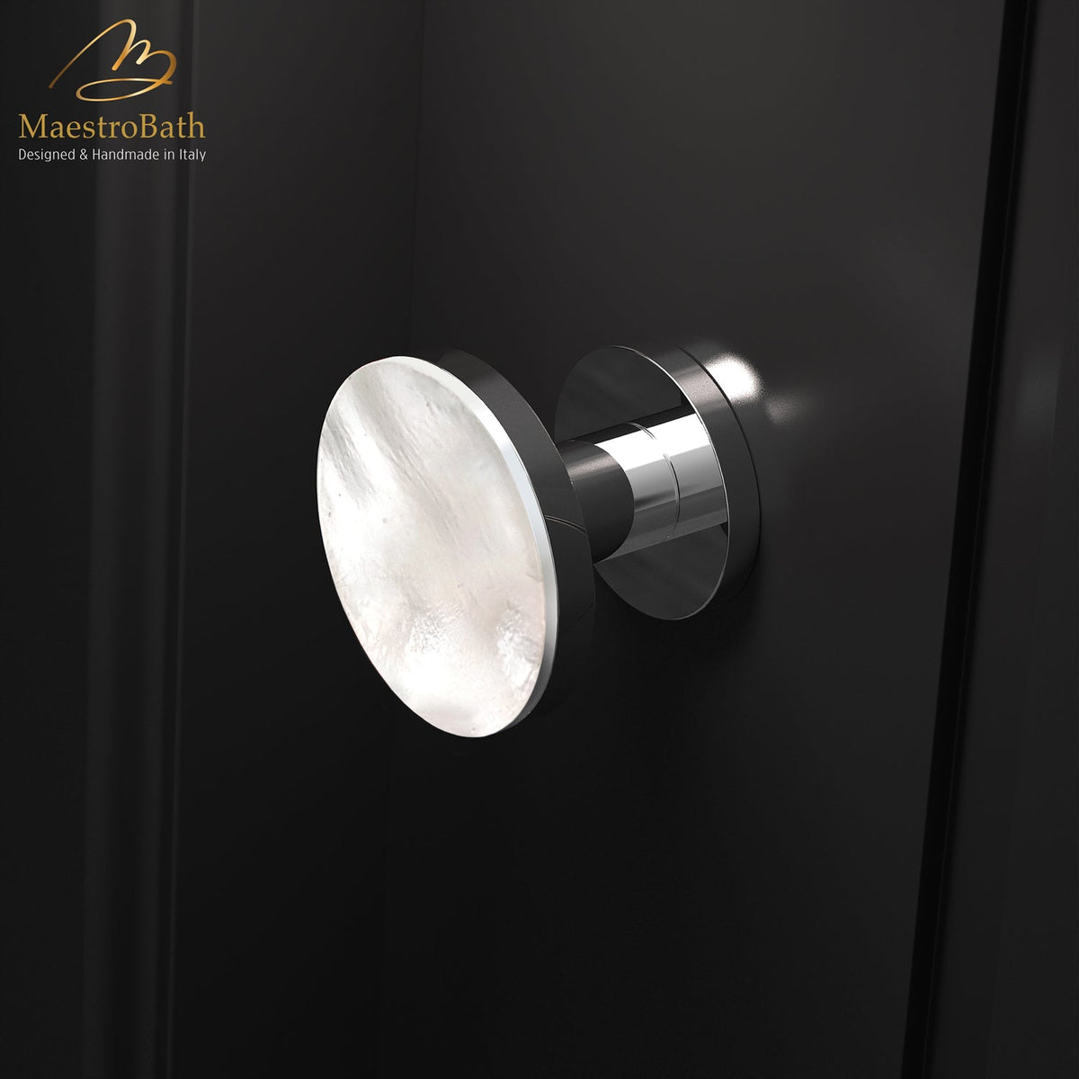 Mother of pearl and brass door knob, shown in madreperla and chrome, 2.6 inch by 2.6 inch by 2 inch