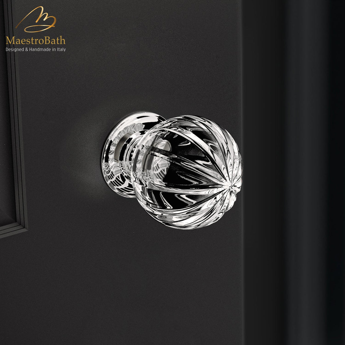 Crystal and brass door knob, shown in clear and chrome, 3.1 inch by 3.1 inch by 4.3 inch