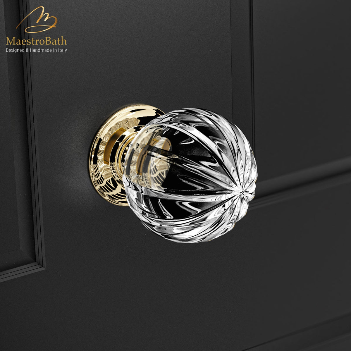 Crystal and brass door knob, shown in clear and polished brass, 3.1 inch by 3.1 inch by 4.3 inch