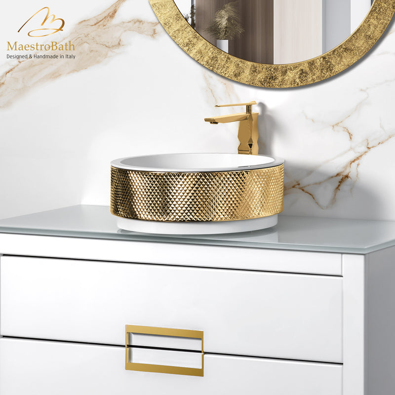 Hive Bathroom Vessel Sink | White and Gold
