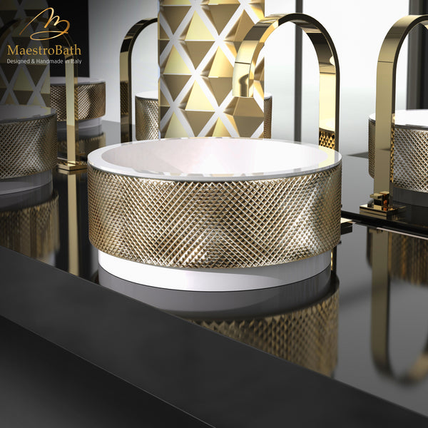 Hive Bathroom Vessel Sink | White and Gold