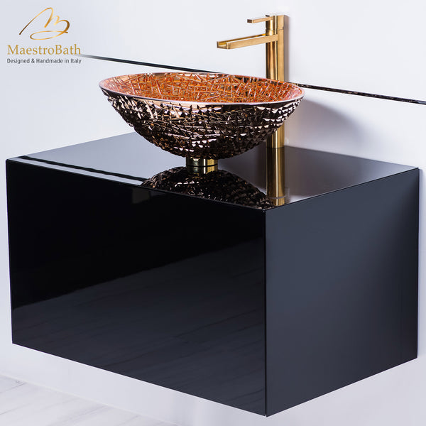 Luxury rose gold crystal vessel sink with brushed gold faucet