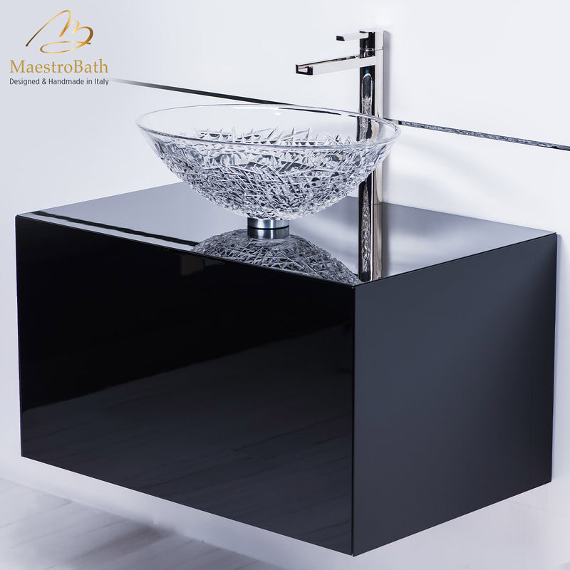 Chic Crystal Vessel Sink on 30 Inch Black Lacquer Bathroom Vanity