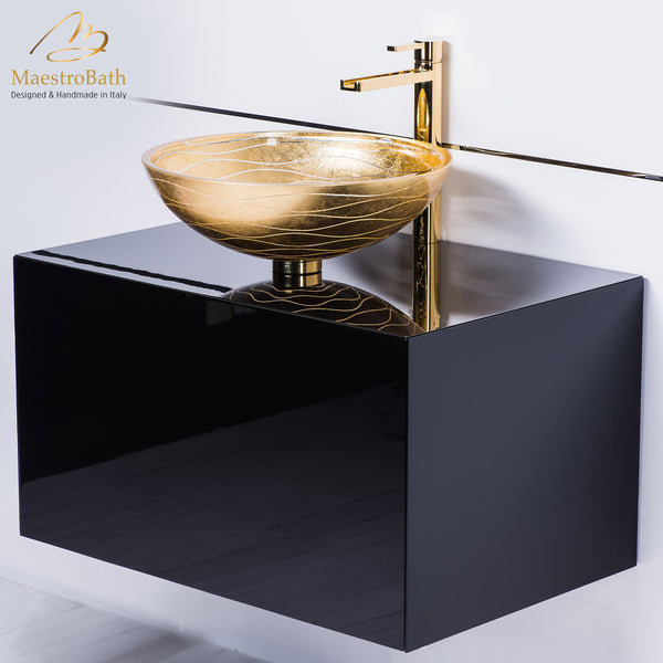 Modern black lacquer vanity and Gold Leaf Vessel Sink