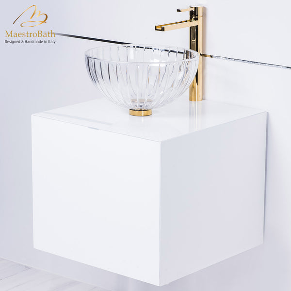 Italian 20 inch white lacquer bathroom vanity with crystal vessel sink combo