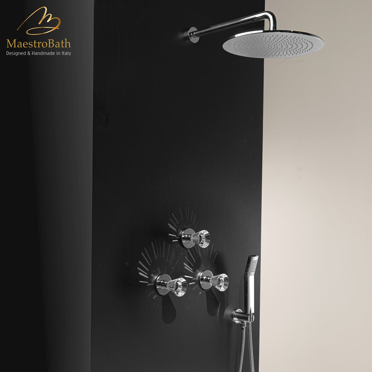 Artik Complete Shower System complete shower set, shown in polished chrome, made of solid brass