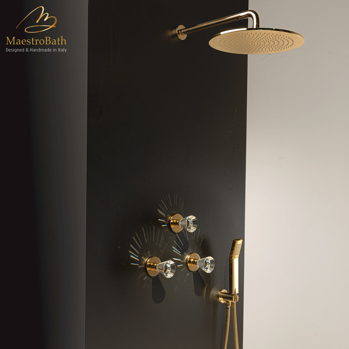 Artik Complete Shower System complete shower set, shown in polished gold, made of solid brass