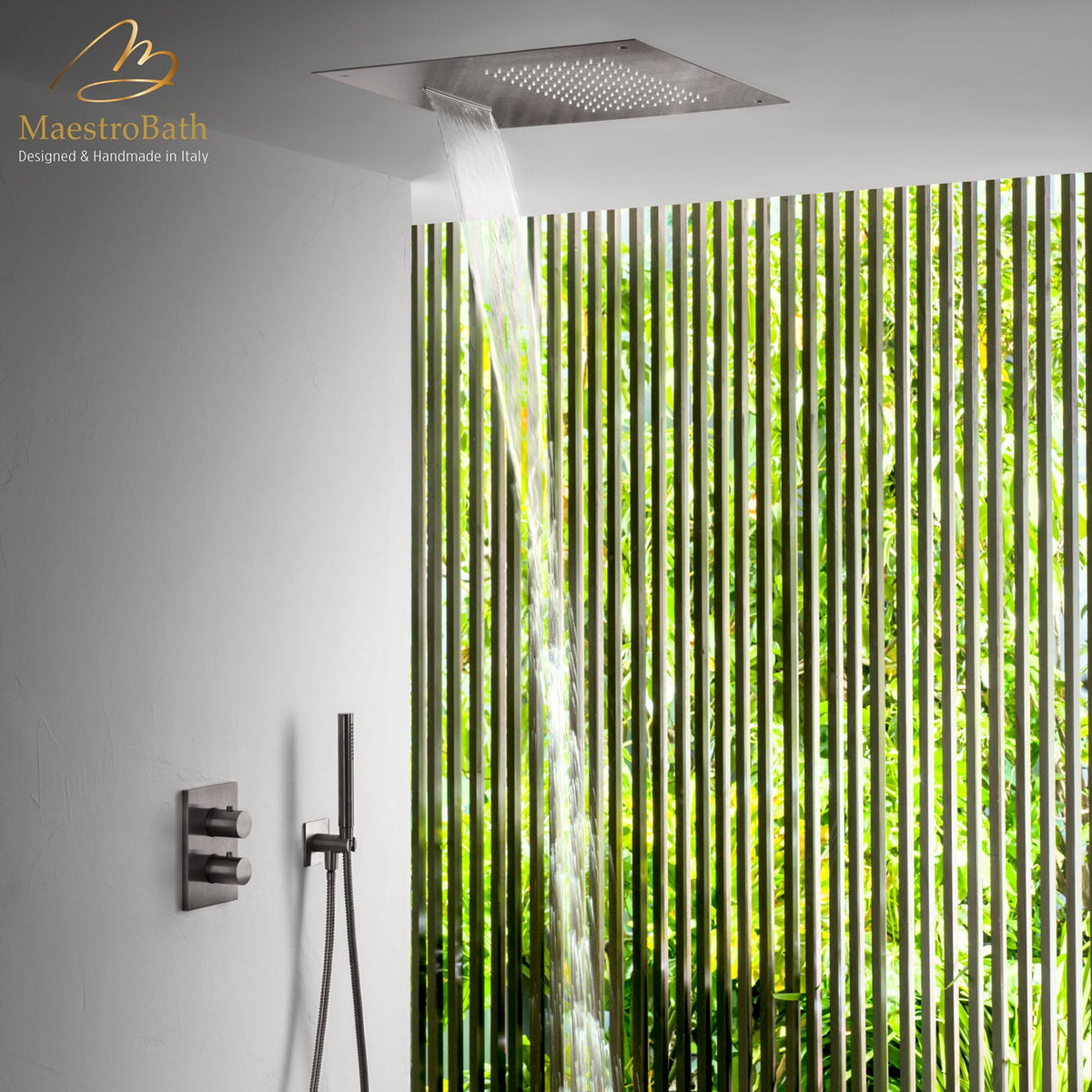 Wall mounted brass complete shower set, shown in brushed gun metal, made of solid brass