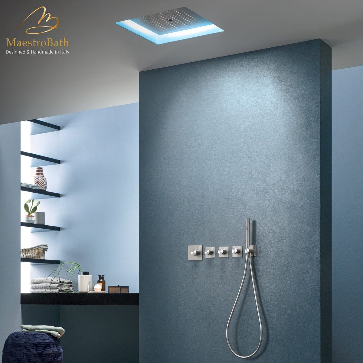 Wall mounted brass complete shower set, shown in steel brushed, made of solid brass