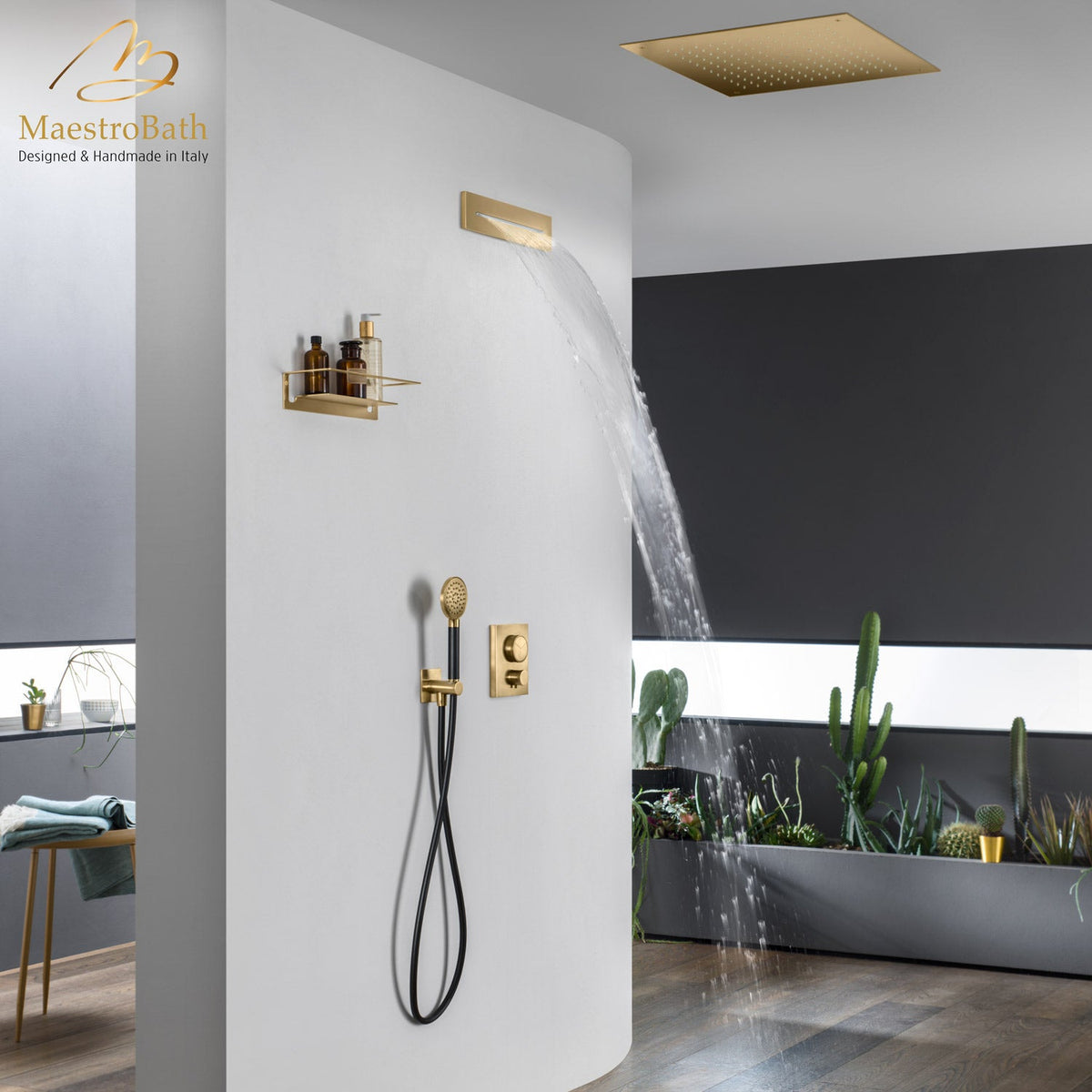 Wall mounted brass complete shower set, shown in brushed gold, made of solid brass