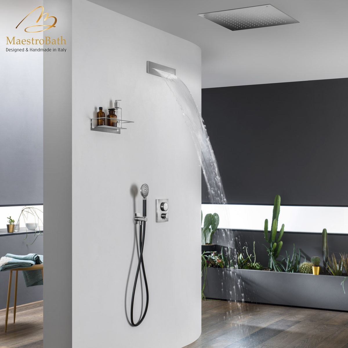 Wall mounted brass complete shower set, shown in chrome, made of solid brass