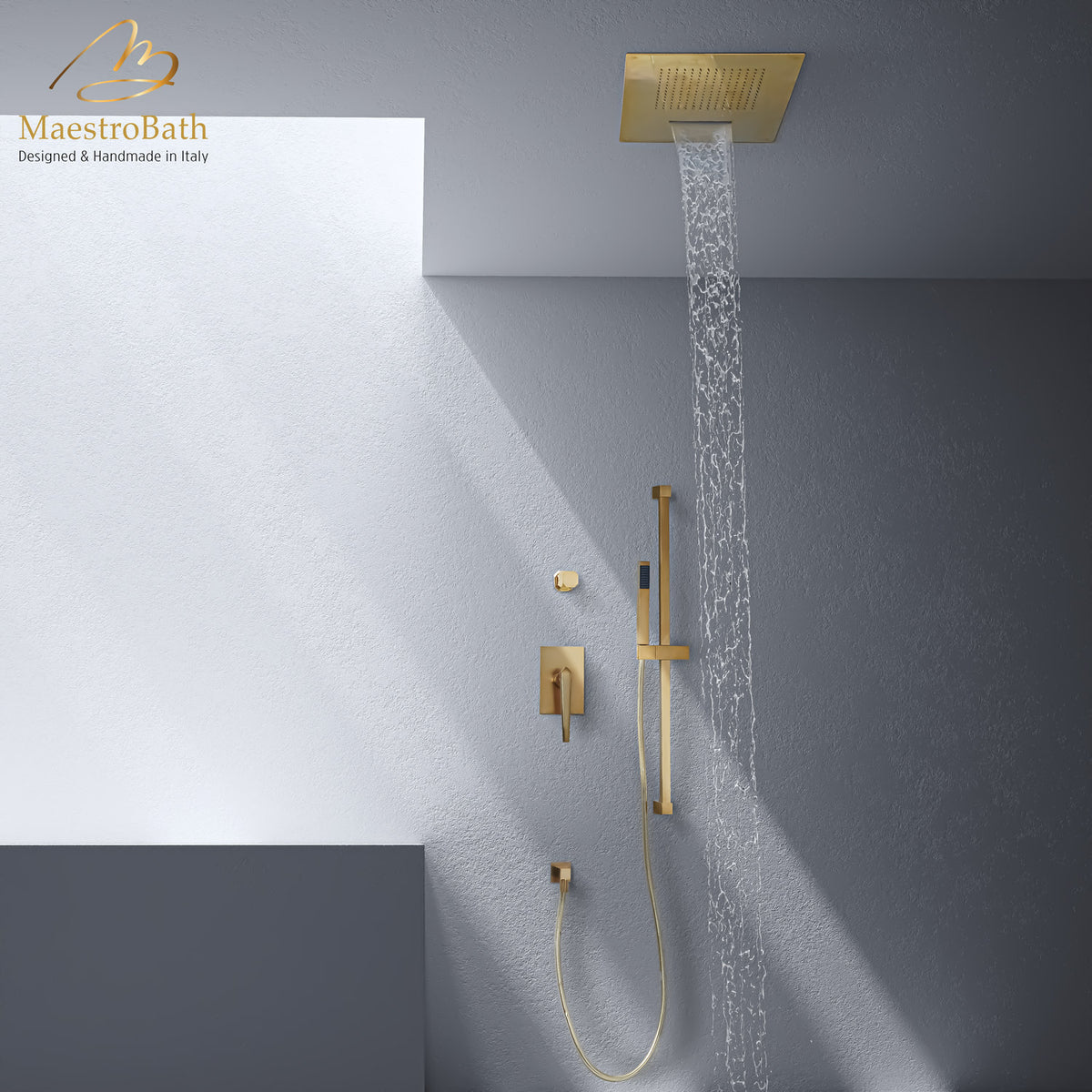 Complete brass shower set with rain head and hand shower, shown in brushed gold