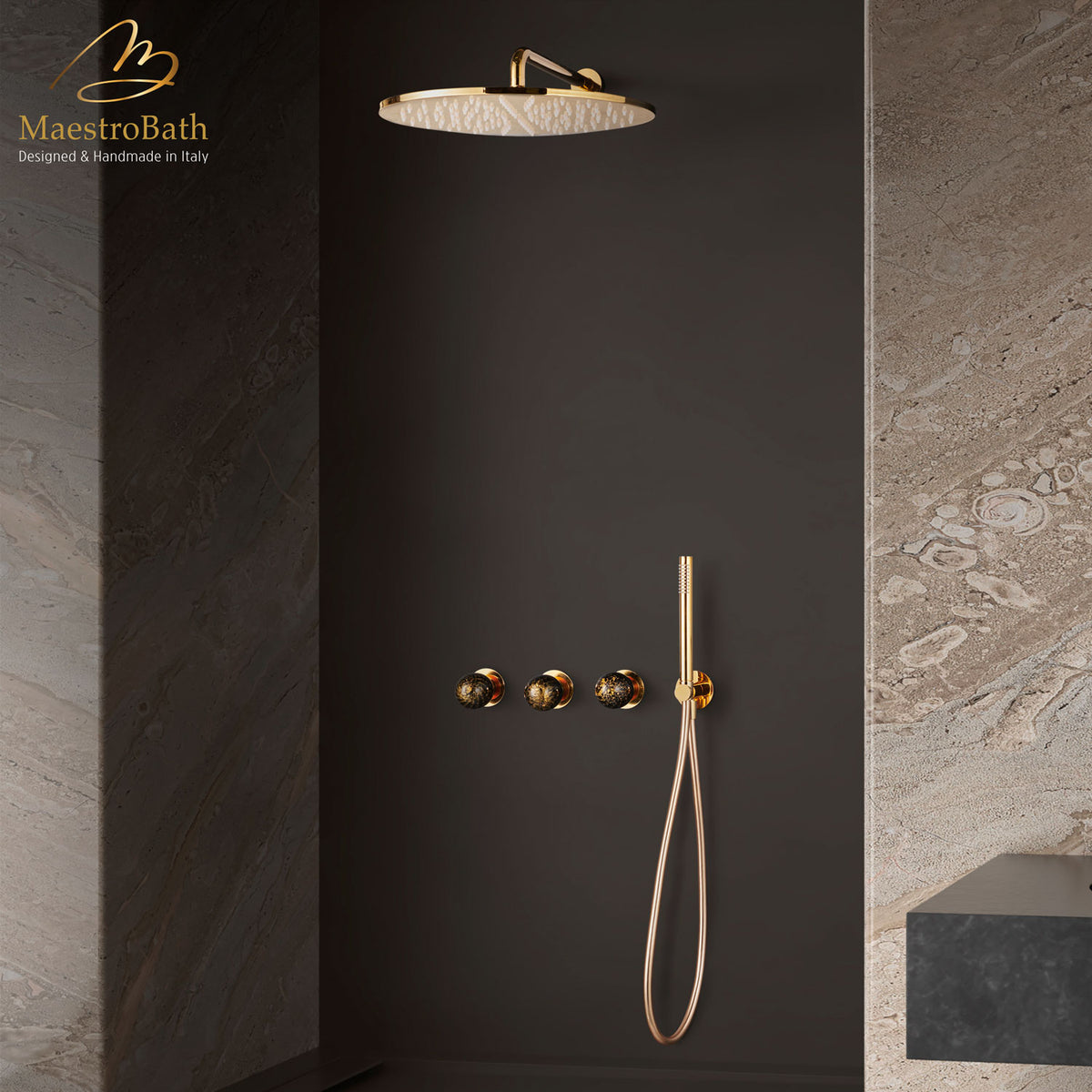 Murano Complete Shower Set, shown in polished gold, made of Murano glass on a brass body