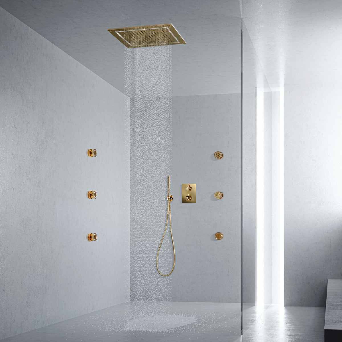 Wall mounted brass complete shower set, shown in polished gold, made of solid brass