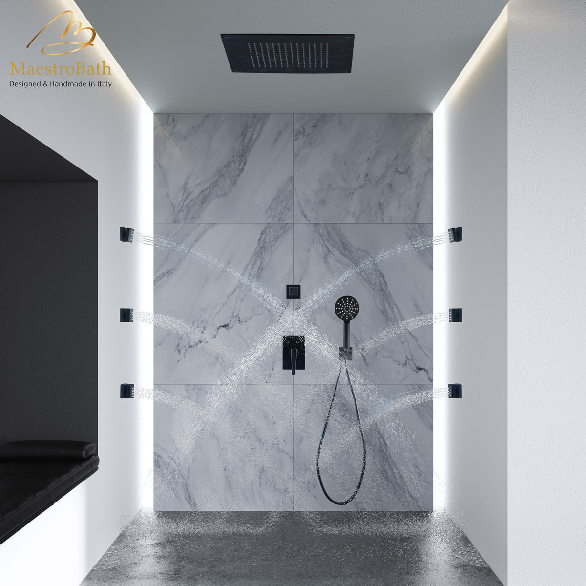 Wall mounted brass complete shower set, shown in black, made of solid brass