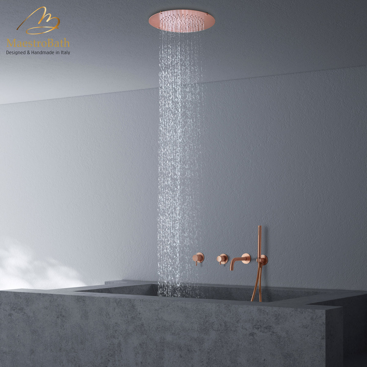 Wall mounted brass complete shower set, shown in copper, made of solid brass