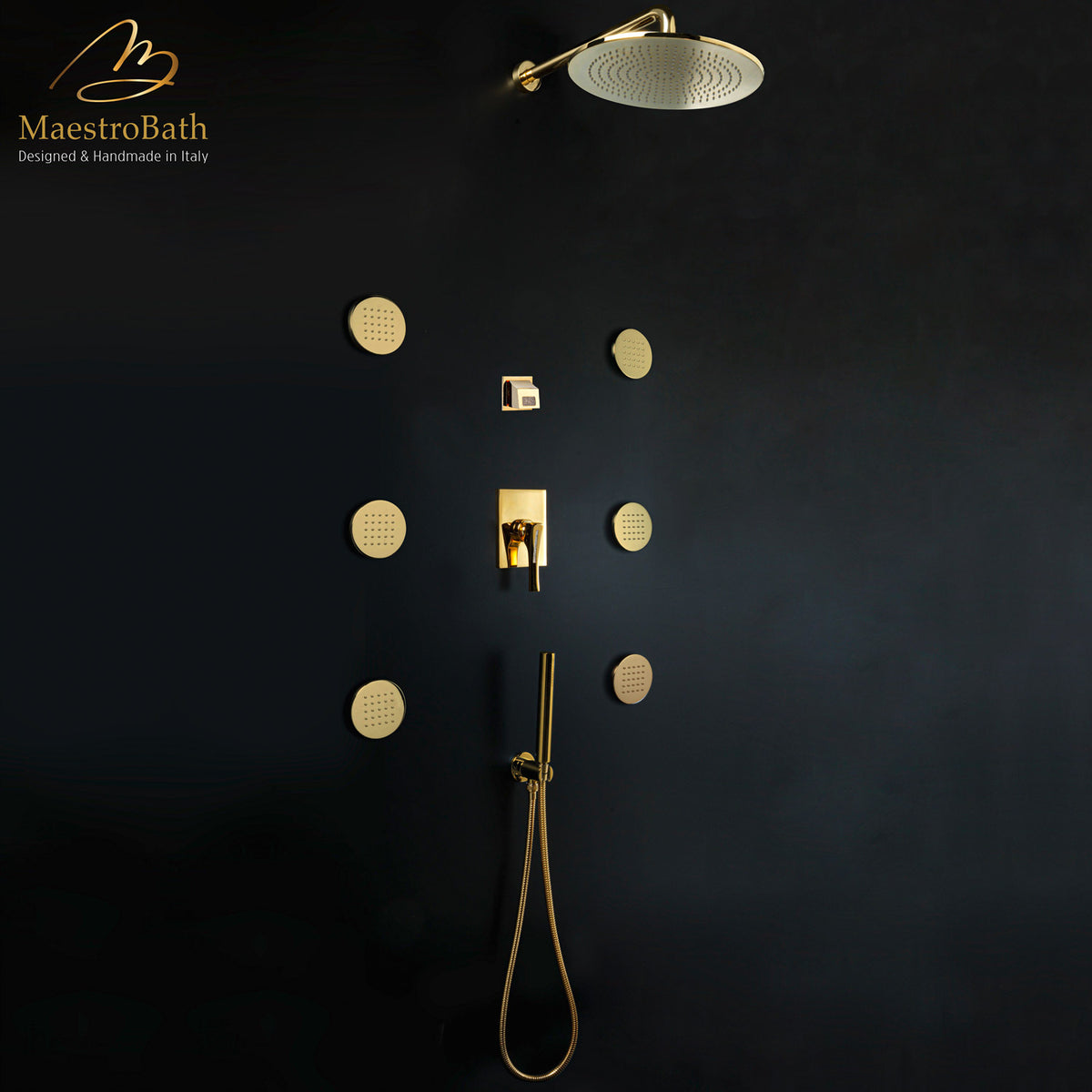 Skip Diamond Complete Shower Set, shown in polished gold, made of solid brass