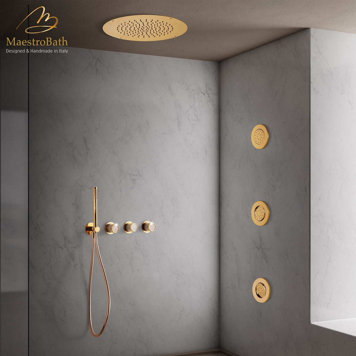 Wall mounted starlight glass handles and brass body complete shower set, shown in polished gold, with starlight surface