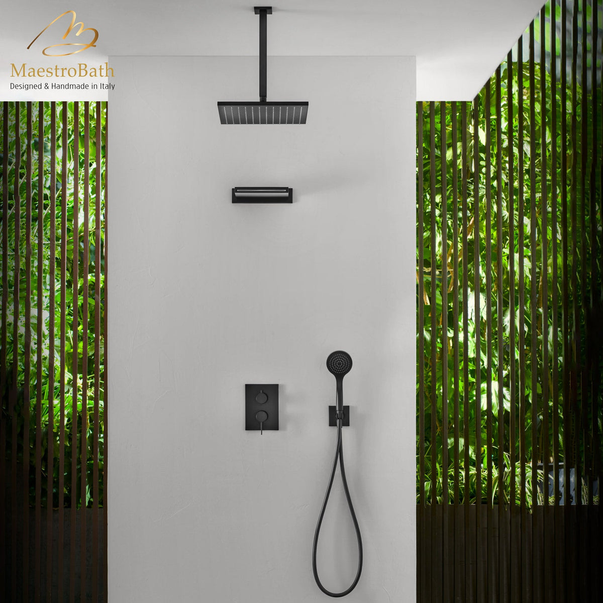 Nube Complete Shower Set, shown in black, made of solid brass