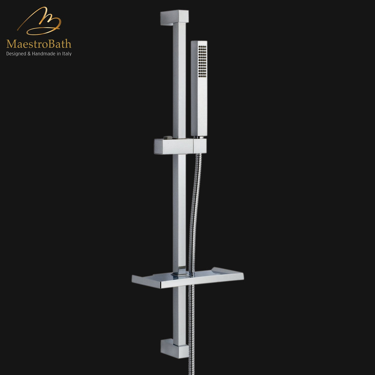 Wall mounted brass shower sliding bar, shown in polished chrome, 32.8 inch by 2.9 inch, made of solid brass