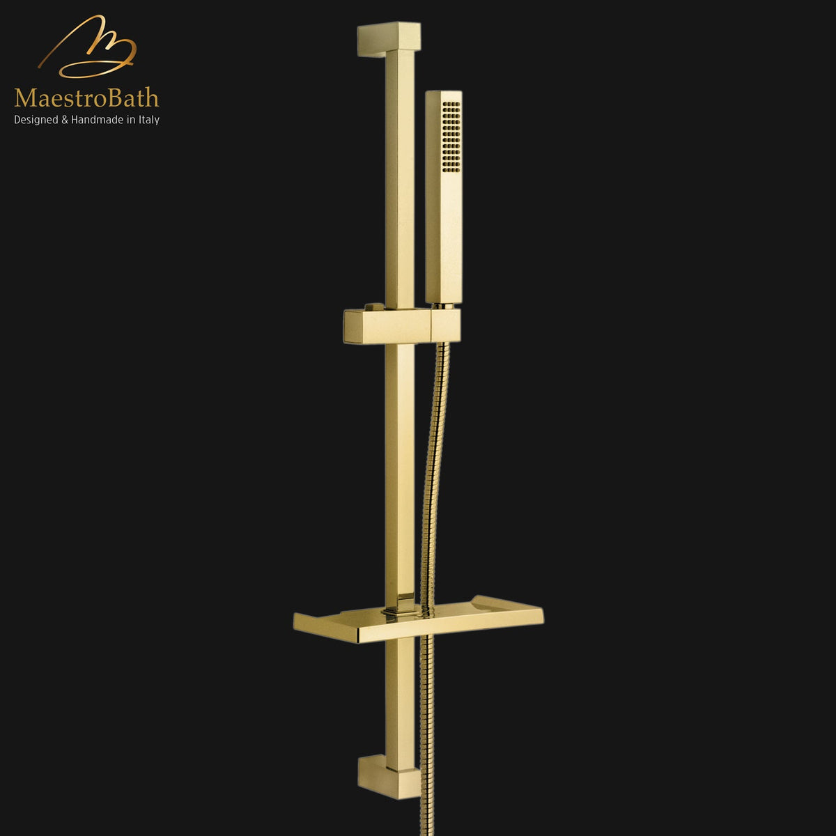 Wall mounted brass shower sliding bar, shown in polished gold, 32.8 inch by 2.9 inch, made of solid brass