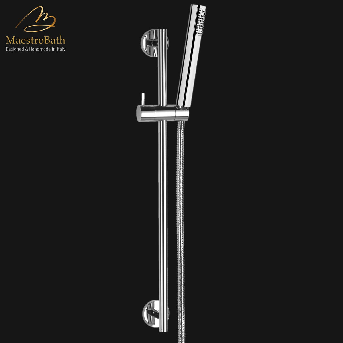 Wall mounted brass shower sliding bar, shown in polished chrome, 24 inch by 2.1 inch, made of solid brass