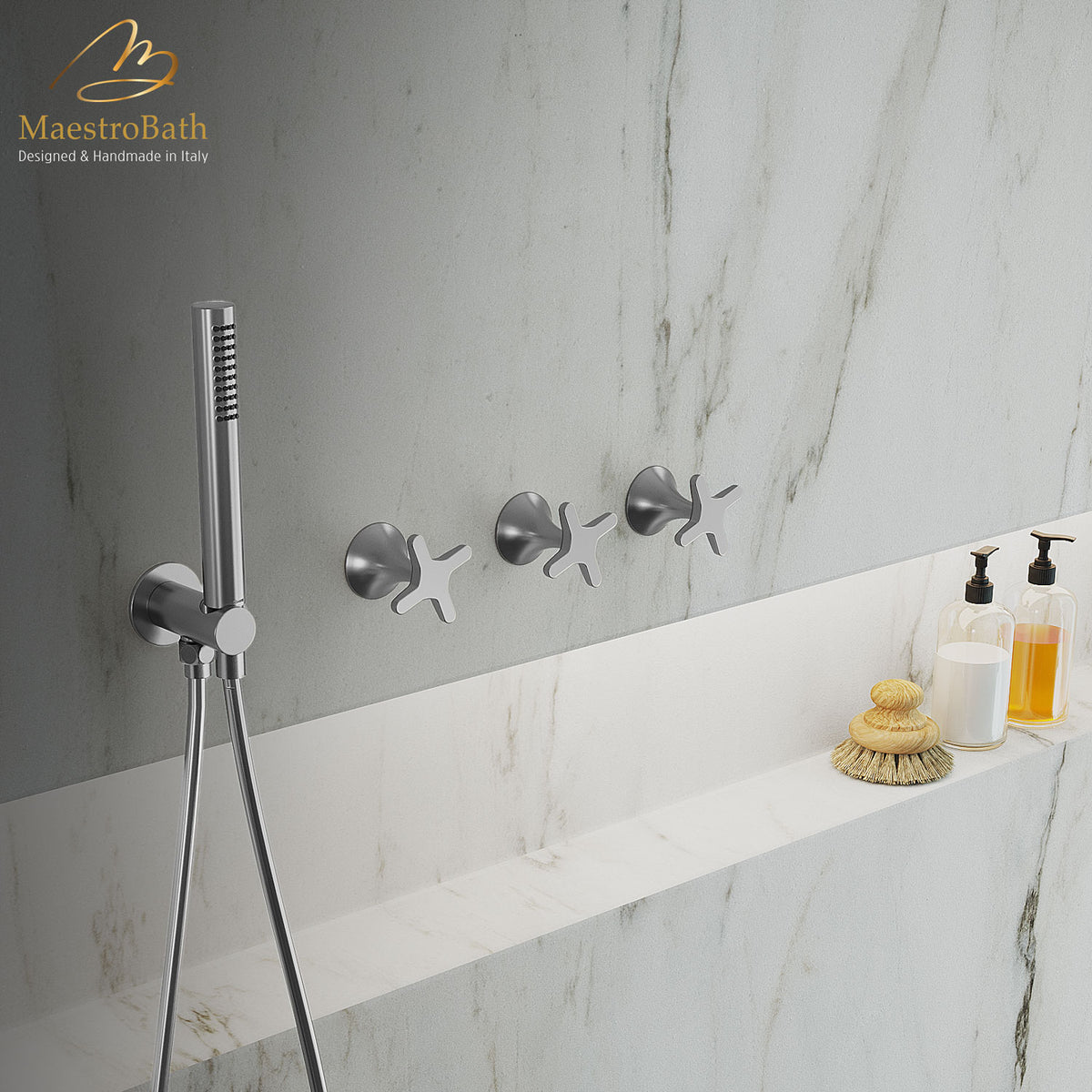 Built in brass concealed shower diverter, shown in polished chrome, 1.2 inch by 1.2 inch, made of lead-free brass