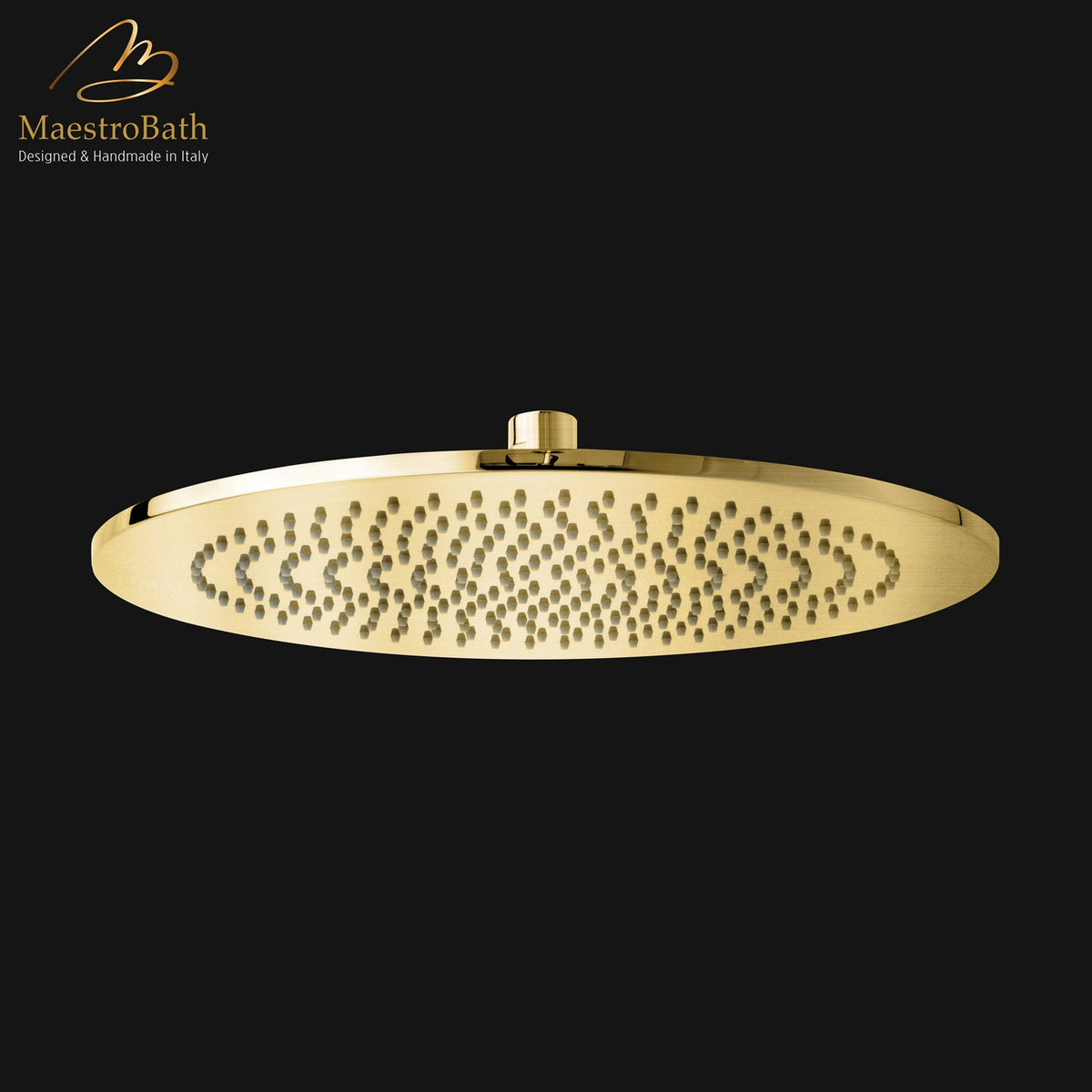 Round brass shower head, shown in brushed gold, 11.8 inch by 11.8 inch by 2.2 inch, made of solid brass